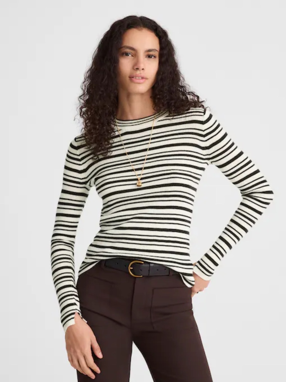 Madewell Double Layered Crewneck in Merino-Silk Blend Ivory And Molasses Stripe